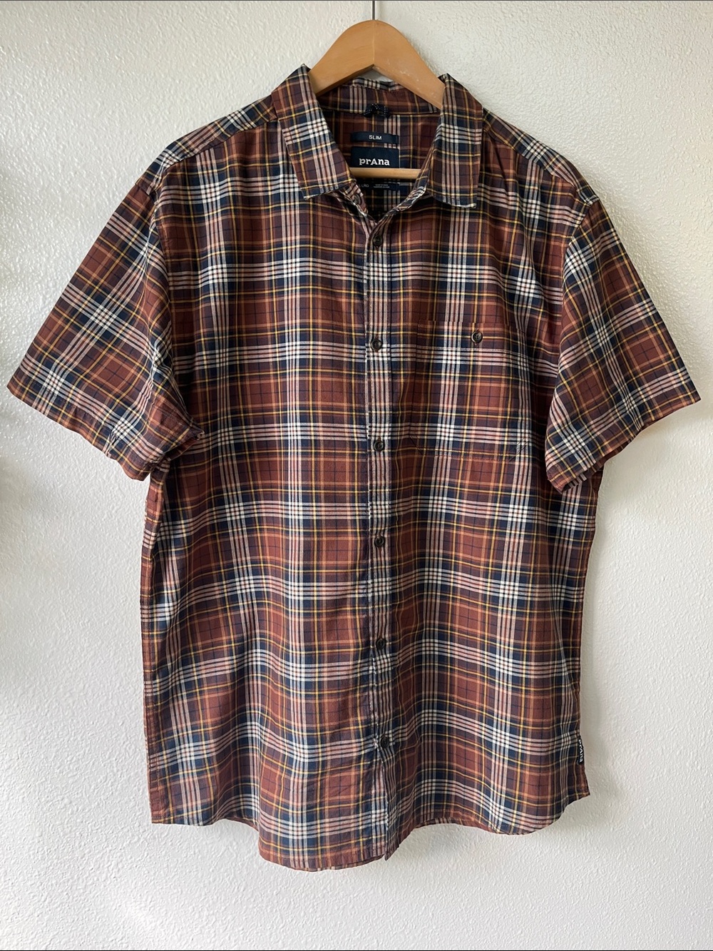 Prana Brown Plaid Button Down Casual Slim Fit Shirt Organic Cotton Blend XL